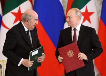 Russian President Vladimir Putin and Algeria's President Abdelmadjid Tebboune attend a signing ceremony following their talks at the Kremlin in Moscow on June 15, 2023. (Photo by Mikhail Metzel / SPUTNIK / AFP)