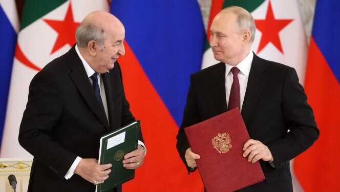 Russian President Vladimir Putin and Algeria's President Abdelmadjid Tebboune attend a signing ceremony following their talks at the Kremlin in Moscow on June 15, 2023. (Photo by Mikhail Metzel / SPUTNIK / AFP)