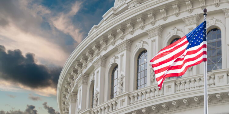 Washington DC Capitol dome detail with waving american flag