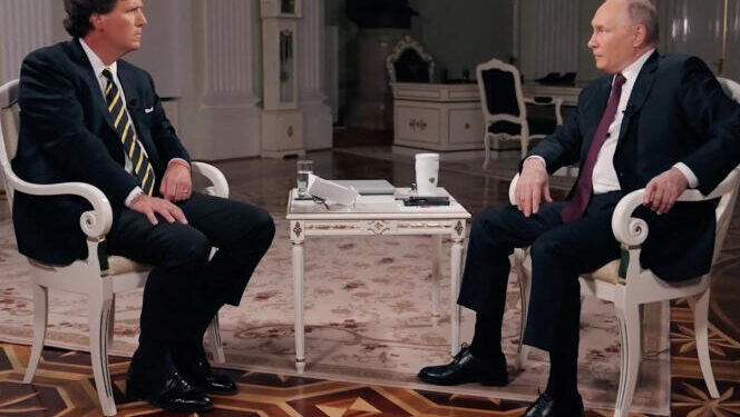 Russian President Vladimir Putin speaks during an interview with U.S. television host Tucker Carlson in Moscow, Russia, February 6, 2024, in this still image taken from video released February 8, 2024. Courtesy of Tucker Carlson Network/Handout via REUTERS    THIS IMAGE HAS BEEN SUPPLIED BY A THIRD PARTY. MANDATORY CREDIT. NO RESALES. NO ARCHIVES